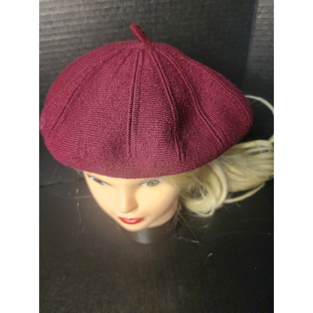 Burgundy Knit Beret Hat Ribbed Textured French Style Winter Beanie Maroon